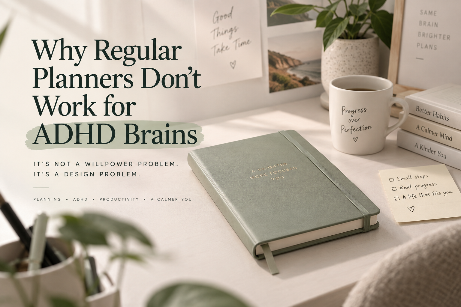 Minimalist beige and sage green workspace with a planner, coffee mug, plants, and notes, featuring the title “Why Regular Planners Don’t Work for ADHD Brains.”