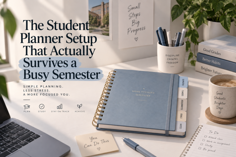 Student planner setup for a busy semester with a blue planner, study supplies, books, laptop, and organized workspace.