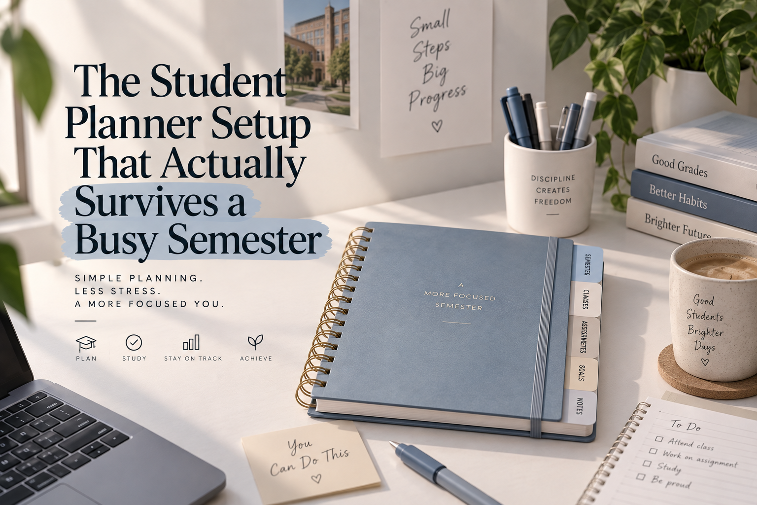 Student planner setup for a busy semester with a blue planner, study supplies, books, laptop, and organized workspace.