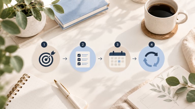 Goal-setting system with four steps: define goals, break them down, build a weekly system, and review monthly.